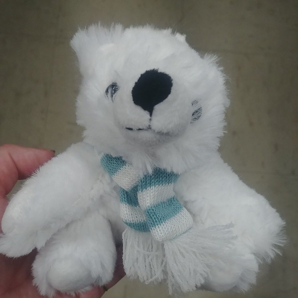 CARIBOU COFFEE STUFFED PLUSH WHITE Cub POLAR BEAR Small Mini Toy Striped Scarf
